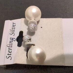 Sterling Silver, Faux Pearl Earrings With Cz Diamond.